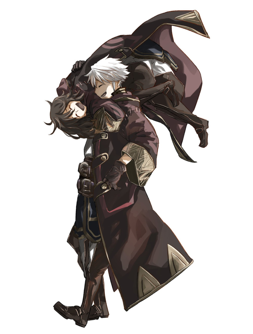 1boy 1girl black_hair boots carrying_over_shoulder closed_eyes father_and_daughter fe_erre fire_emblem fire_emblem_awakening gloves highres hood hooded_jacket jacket morgan_(female)_(fire_emblem) morgan_(fire_emblem) robin_(fire_emblem) robin_(male)_(fire_emblem) smile white_hair