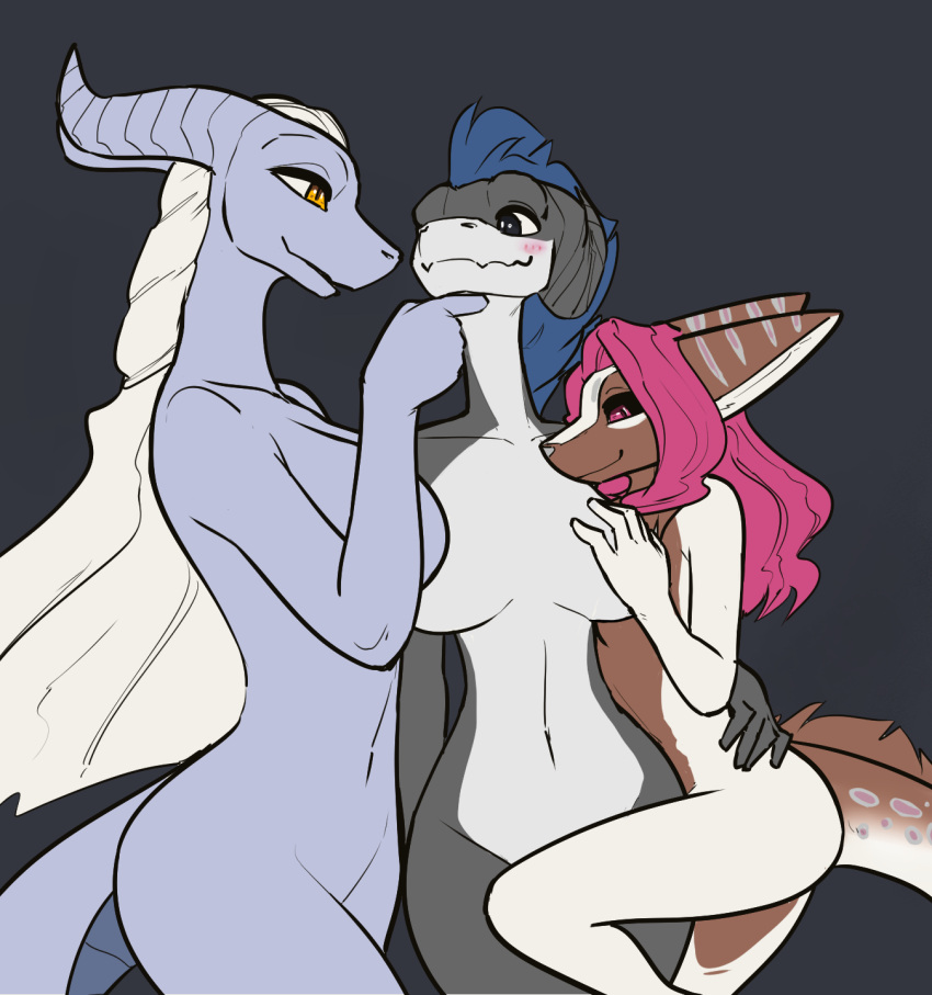 anthro draako dragon female female/female feretta group hi_res lesbian_couple meeka_rose mis'alia mythological_creature mythological_scalie mythology nyo_la_nixan nyo_la_nixan_(character) scalie silver_dragon trio