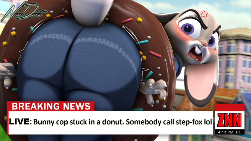 2024 3d_(artwork) angry anthro blush butt butt_focus dessert digital_media_(artwork) disney doughnut female food hi_res judy_hopps judy_stuck_in_donut_redraw looking_at_viewer looking_back neondonut news solo source_filmmaker tail thick_thighs watermark zootopia