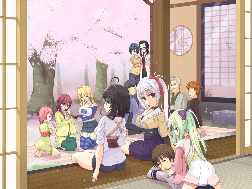 4boys 6+girls :d :o ^_^ ahoge architecture arichi_masaomi ass barefoot black_hair black_shorts black_skirt blanket blonde_hair blue_eyes blunt_ends blush bottle bow breasts brown_hair casual character_request cherry_blossom_print cherry_blossoms cleavage closed_eyes collarbone commentary_request cup day east_asian_architecture everyone floral_print from_behind frown garter_straps green_eyes green_hair hair_bow hair_ornament hair_ribbon hair_scrunchie happy highres hitachi_mako holding holding_bottle holding_cup japanese_clothes kimono kneeling kurama_koharu large_breasts lena_liechtenauer long_hair long_sleeves looking_at_another looking_at_viewer looking_back low_twintails lying maniwa_roka miniskirt multiple_boys multiple_girls murasame_(senren) official_alternate_costume official_alternate_hairstyle on_stomach open_mouth outdoors pencil_skirt pink_hair pleated_skirt ponytail print_kimono profile purple_bow purple_hair purple_skirt red_bow red_eyes red_ribbon ribbon sake_bottle scrunchie seiza senren_banka shirayamakoma short_hair short_hair_with_long_locks shorts sidelocks sitting skirt sleeves_rolled_up smile spiked_hair spring_(season) striped_clothes striped_thighhighs sweatdrop thighhighs tiptoes tomotake_yoshino tree twintails very_long_hair white_kimono wide_sleeves yellow_kimono zettai_ryouiki