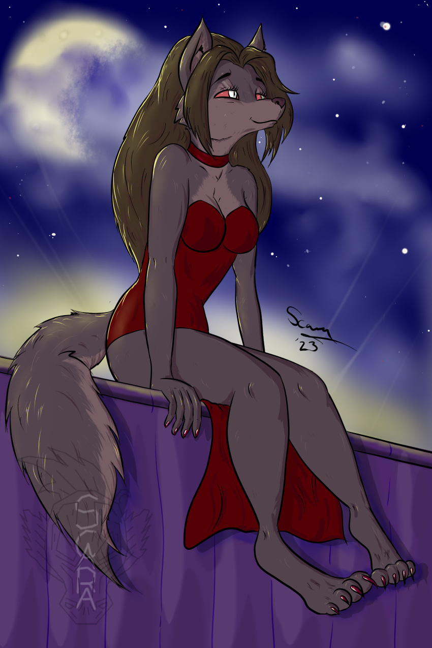 2023 absurd_res anthro breasts calm canid canid_demon canine canis cleavage clothed clothing demon dress female hellhound hi_res light mammal moon moonlight mythological_canine mythological_creature mythology night red_clothing red_dress scoundrel_scaramouche sitting solo wall_(structure) whirlwind_(koffeeink) wolf