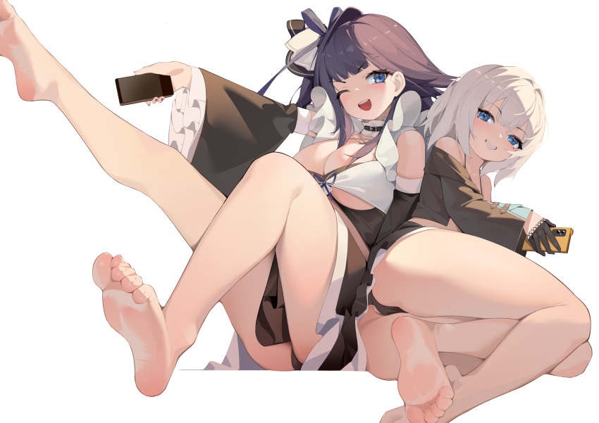 2girls absurdres ass azur_lane bare_shoulders barefoot black_dress black_hair black_panties black_ribbon black_skirt blue_eyes breasts cellphone choker cleavage commentary criss-cross_halter detached_sleeves dress feet feet_up foot_focus frilled_choker frilled_sleeves frills gloves grey_hair grin hair_ribbon half_gloves halterneck highres holding holding_phone jade_(a_good_girl's_magic)_(azur_lane) jade_(azur_lane) large_breasts liverpool_(azur_lane) long_sleeves looking_at_viewer multiple_girls nail_polish official_alternate_costume one_eye_closed open_mouth panties phone purple_nails ribbon simple_background skirt smartphone smile soles sp_(8454) teeth thighs toes underboob underwear v-shaped_eyebrows white_background wide_sleeves