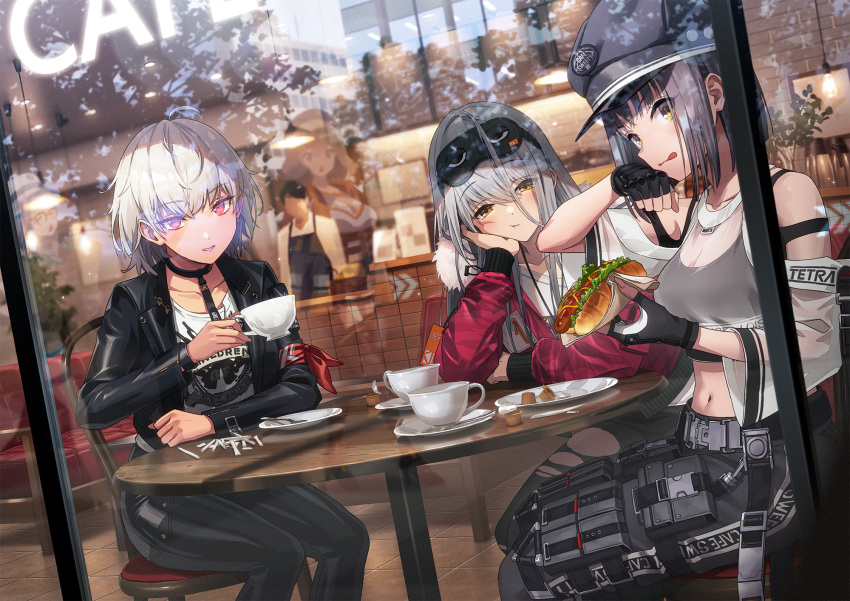 1boy 5girls :p anis_(nikke) armband band_shirt black_hair black_mask black_sports_bra bob_cut breasts cafe cafe_sweety_(nikke) cargo_pants cleavage coffee_cup cream cup denim denim_shorts disposable_cup elbow_sleeve faceless faceless_male fingerless_gloves frayed_clothes frima_(nikke) fur-trimmed_jacket fur_trim gloves goddess_of_victory:_nikke grey_hair hair_over_eyes highres hot_dog jacket leather leather_jacket leather_pants long_hair looking_at_viewer medium_hair merchandise milk_(nikke) multiple_girls multiple_reflections neon_(nikke) pants print_jacket red_armband see-through see-through_shirt shirt short_hair shorts sitting sleep_mask smile sonsoso sports_bra sugar_(food) sugar_(nikke) t-shirt tomboy tongue tongue_out torn_clothes torn_pants white_hair