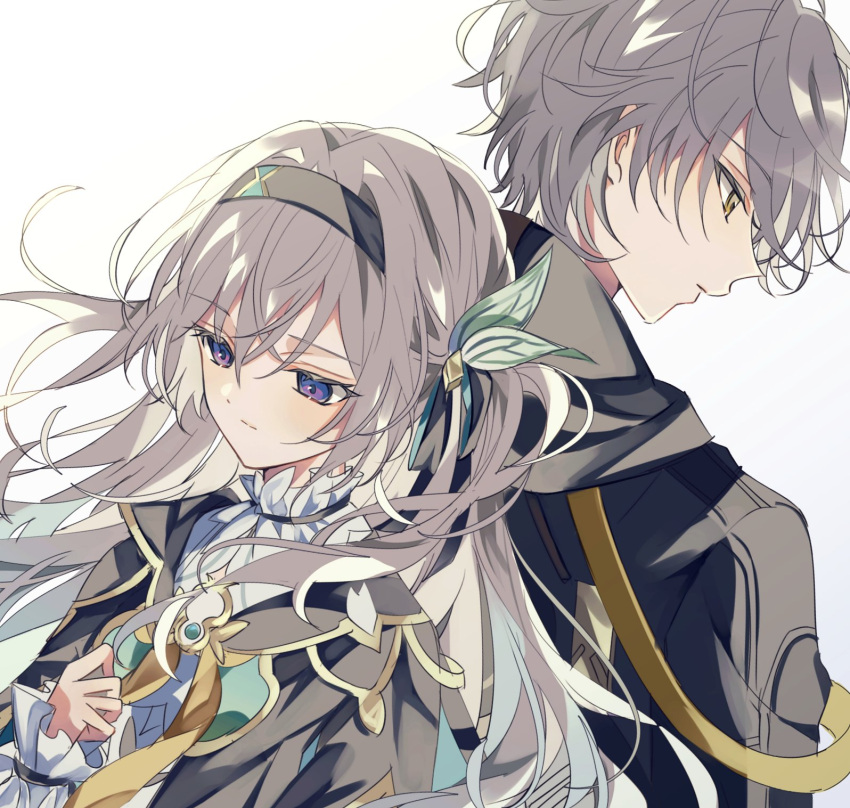 1boy 1girl back-to-back black_coat black_hairband black_jacket caelus_(honkai:_star_rail) closed_mouth coat collared_shirt cropped_jacket firefly_(honkai:_star_rail) floating_hair gg_suyari grey_hair hair_between_eyes hair_ornament hairband hetero highres honkai:_star_rail honkai_(series) jacket long_hair long_sleeves neckerchief orange_neckerchief ribbon shirt short_hair simple_background trailblazer_(honkai:_star_rail) two-tone_eyes upper_body white_background yellow_eyes