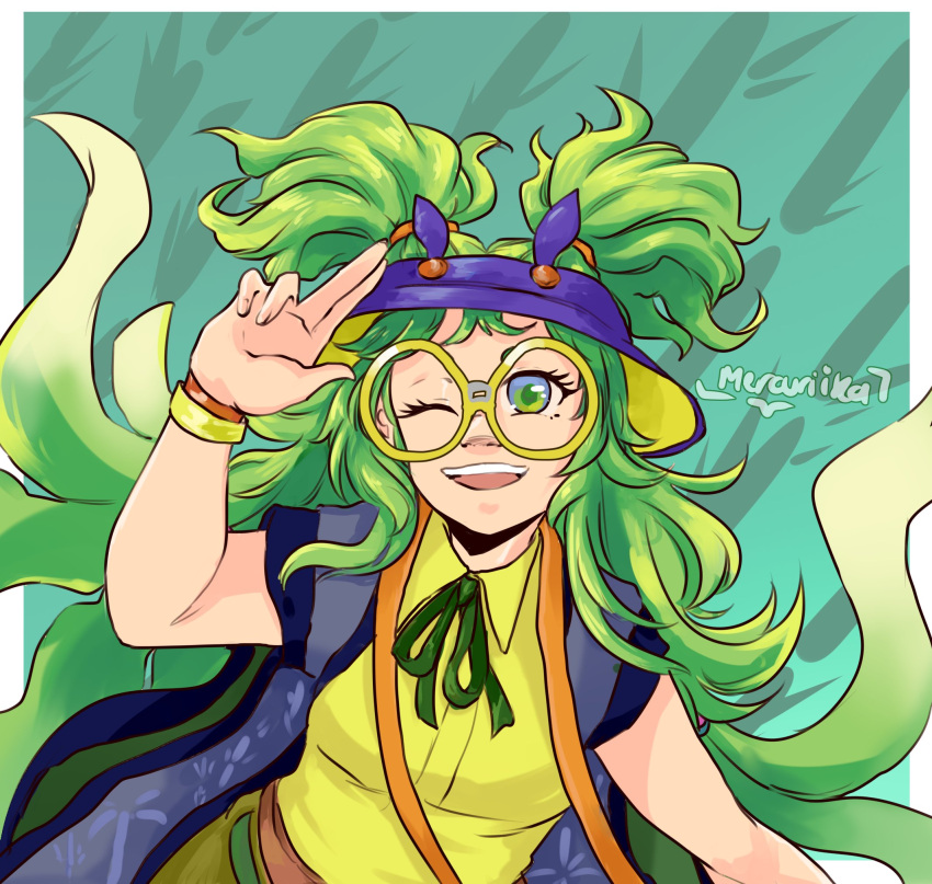 1girl artist_name blonde_hair bracelet breasts commentary dislyte fumitsuki_(kaguya-hime)_(dislyte) glasses gradient_hair green_eyes green_hair highres jewelry long_hair medium_breasts mercuriika multicolored_hair one_eye_closed open_mouth purple_hat round_eyewear signature smile solo two_side_up upper_body very_long_hair vest