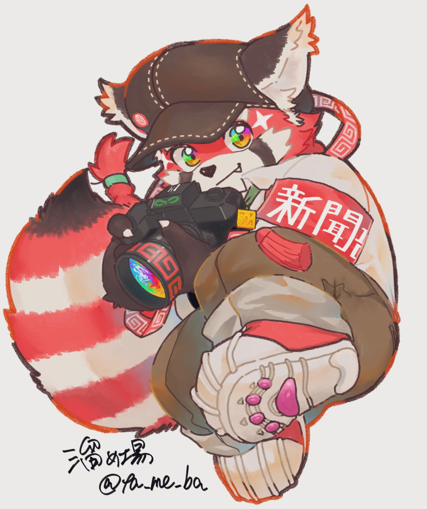 ailurid anthro braided_hair braided_ponytail camera clothing footwear fur hair hat headgear headwear hi_res kemono lifewonders male mammal pawpads ponytail red_body red_fur red_panda shoes sneakers solo ta_me_ba tokyo_afterschool_summoners zhurong_(tas)