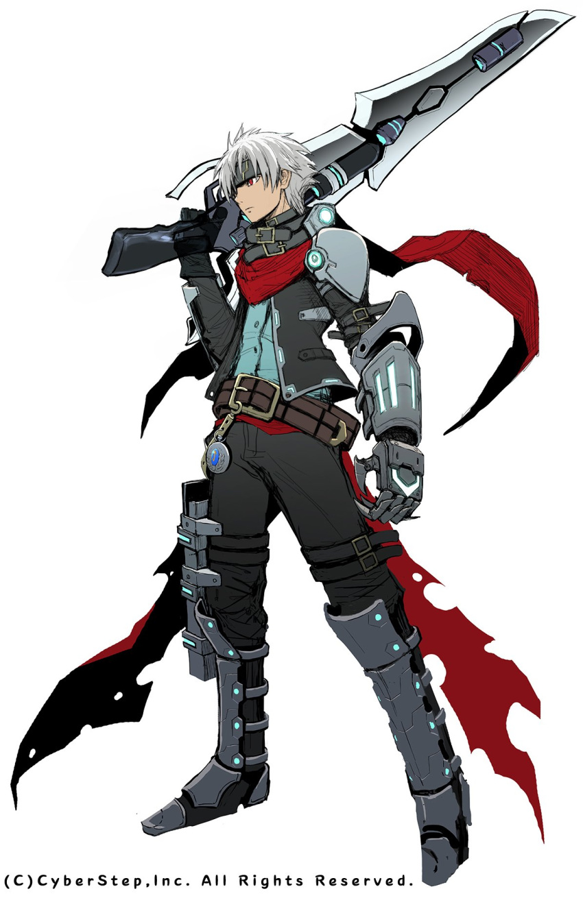 1boy armor belt concept_art copyright_notice cosmic_break gunblade highres jace_(cosmic_break) leg_armor mechanical_hands morizo_cs official_art pants red_eyes red_scarf scarf shirt short_hair shoulder_armor single_mechanical_hand weapon white_background white_hair