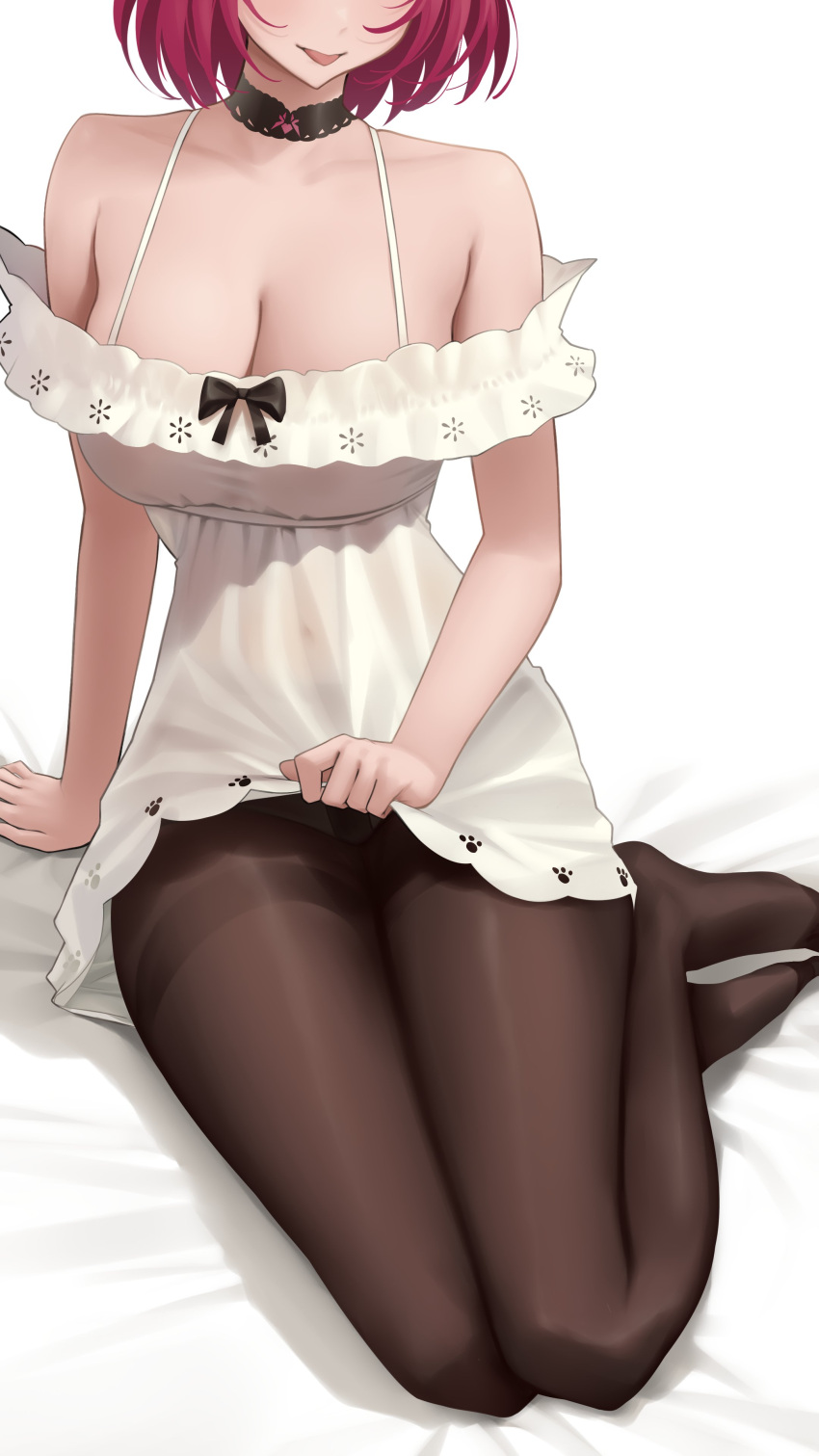 1girl absurdres black_choker breasts choker cleavage clothes_lift dress highres hololive hololive_english irys_(casualrys)_(hololive) irys_(hololive) kneehighs lace-trimmed_choker lace_trim legs no_shoes official_alternate_costume official_alternate_hairstyle pantyhose red_hair short_hair simple_background skirt skirt_lift socks solo somebody_(leiking00) tongue tongue_out virtual_youtuber white_background white_dress