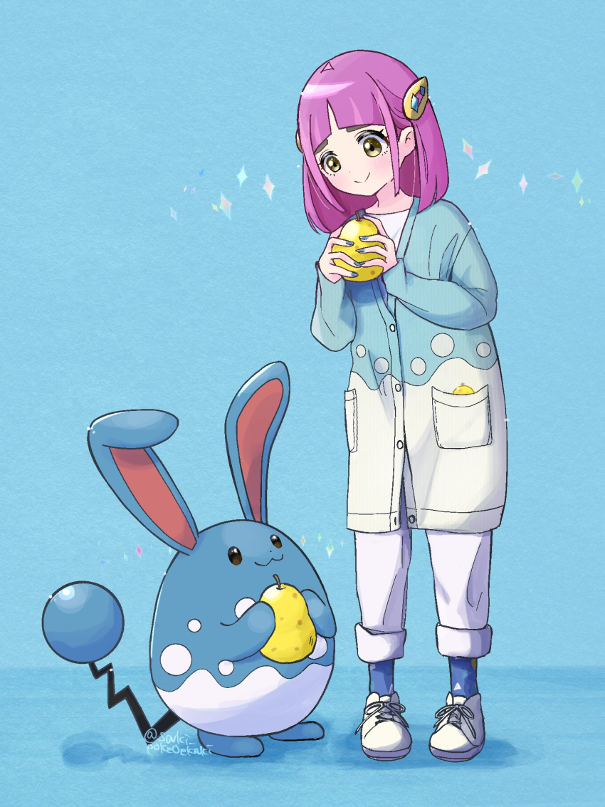 1girl azumarill closed_mouth coat hair_ornament hairclip highres holding lacey_(pokemon) long_sleeves pants pink_hair pokemon pokemon_(creature) pokemon_sv saki_pokeoekaki shirt shoes smile tail white_shirt yellow_eyes