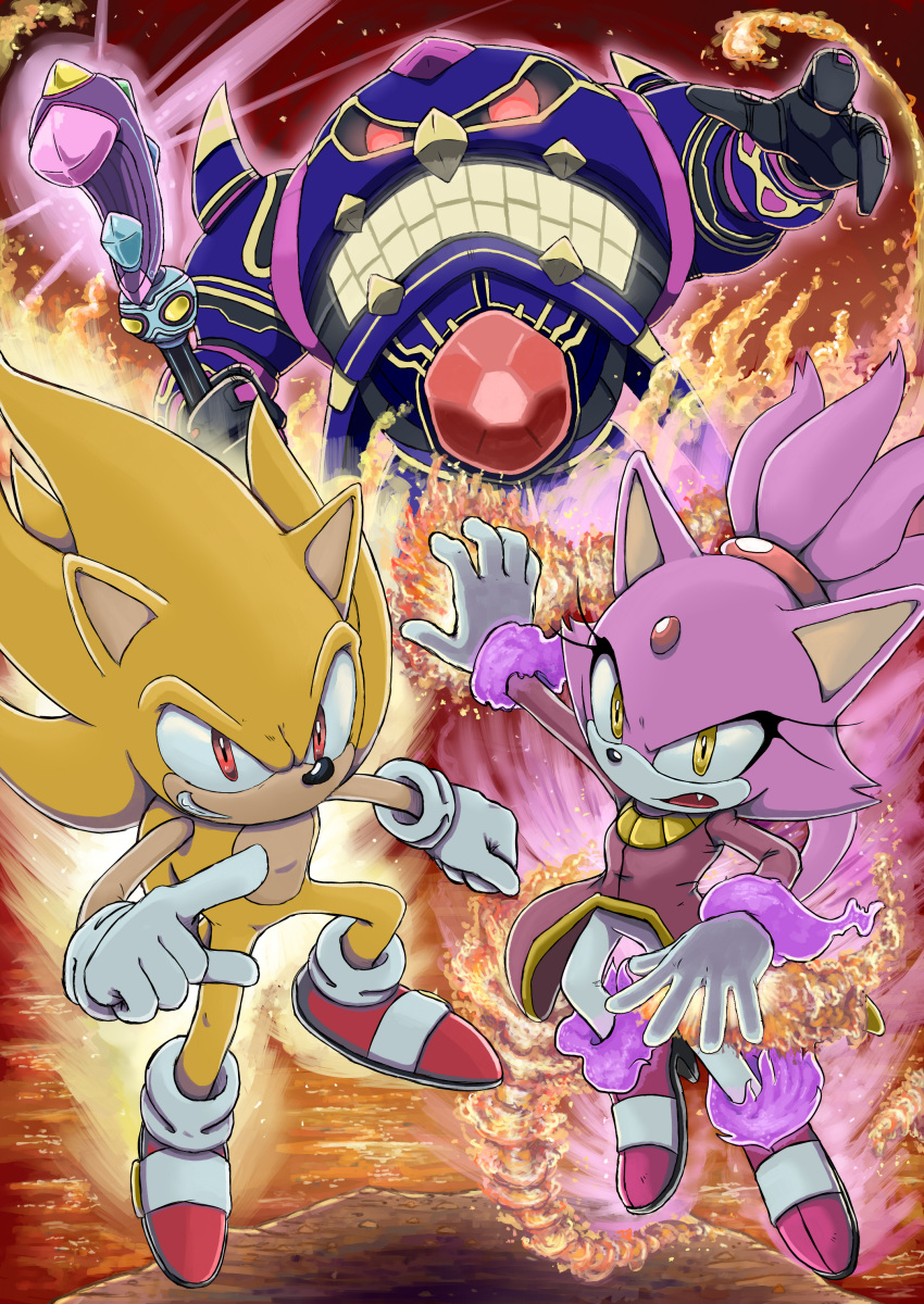 1boy 1girl absurdres animal_ears aura blaze_the_cat burning_blaze cat_ears fang fire furry gloves grin hedgehog_ears highres long_sleeves nenikat pointing red_eyes shoes smile sneakers sonic sonic_rush_adventure sonic_the_hedgehog super_sonic white_gloves yellow_eyes