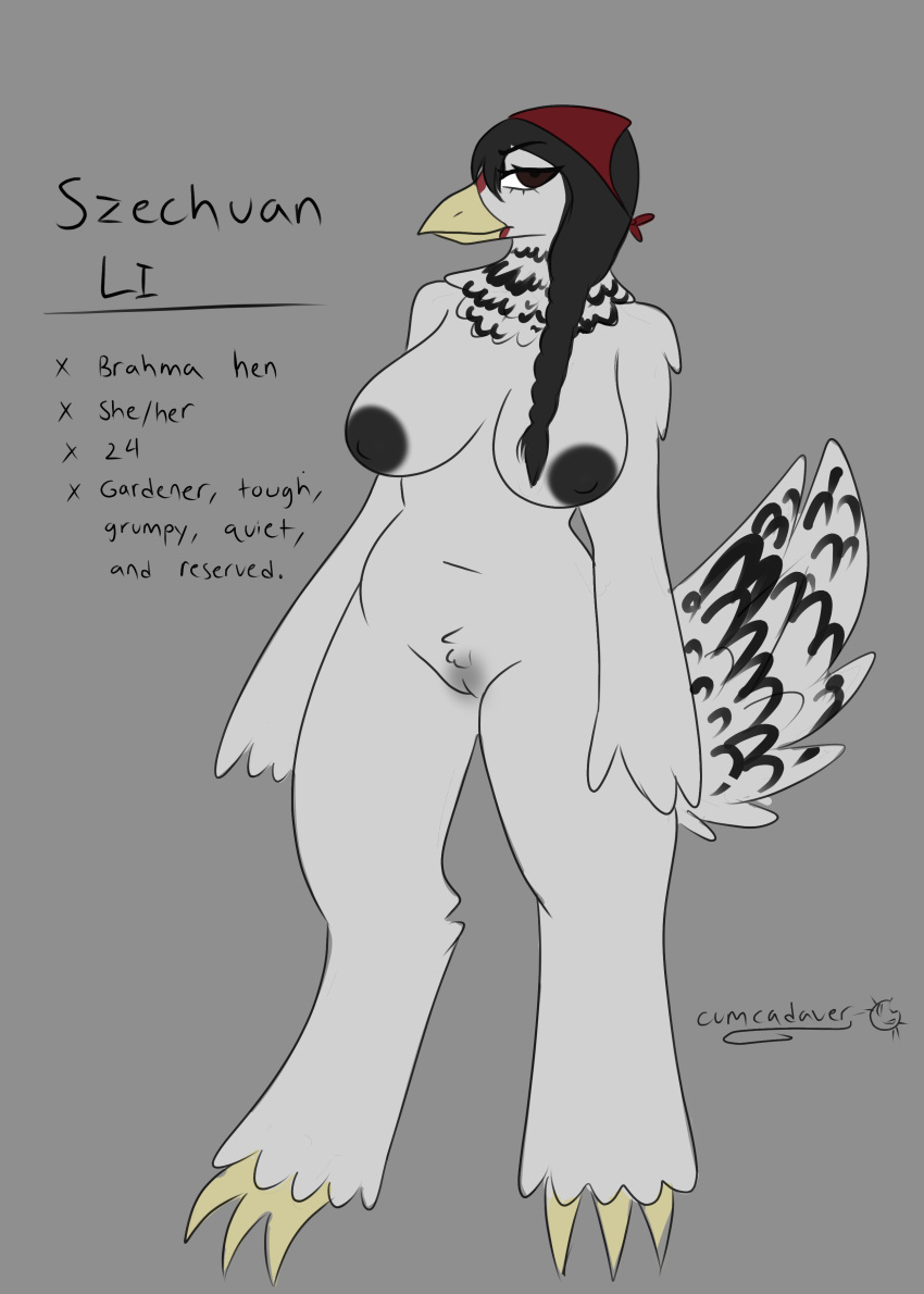 absurd_res anthro areola avian bandanna beak big_breasts bird brahma_chicken braided_hair breasts chicken cumcadaver feet female fluffy fluffy_tail galliform gallus_(genus) genitals hair hi_res kerchief nipples phasianid pubes pussy slightly_chubby solo szechuan_li tail talons toes