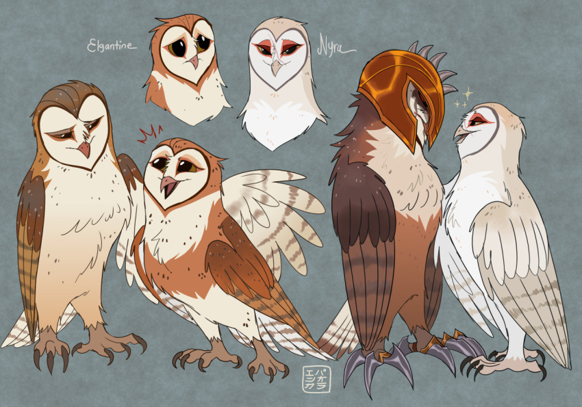 armor avian barn_owl bird black_eyes brother_(lore) brother_and_sister_(lore) brown_body brown_feathers claws eglantine_(gogh) feathers female feral group guardians_of_ga'hoole headgear helmet kabuki-aku kludd male metal_beak nyra_(gogh) owl sibling_(lore) simple_background sister_(lore) soren_(gogh) toe_claws tyto tytonid white_body white_feathers