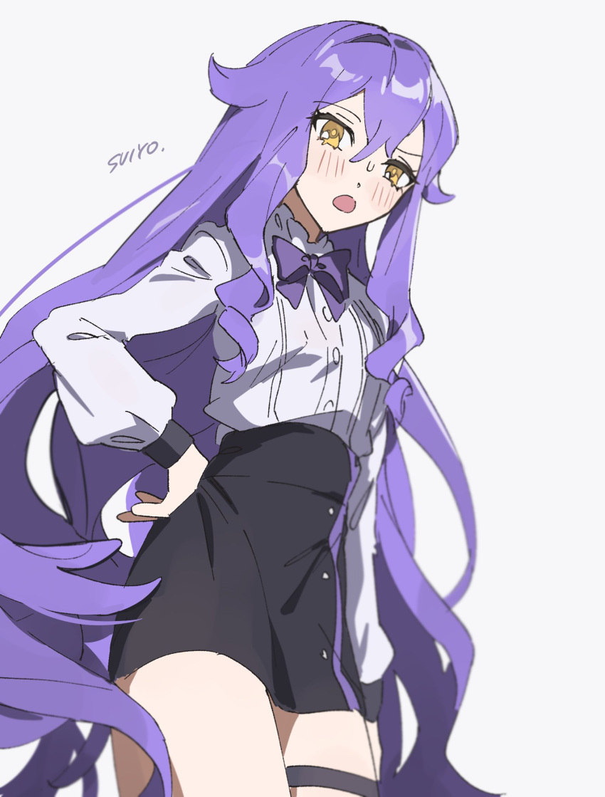 1girl black_skirt blush bow commentary_request grey_background hair_between_eyes hair_intakes hand_on_own_hip highres honkai_(series) honkai_impact_3rd long_hair long_sleeves looking_at_viewer open_mouth puffy_long_sleeves puffy_sleeves purple_bow purple_hair ringlets shirt signature simple_background sirin skirt solo thigh_strap uehara_suiyo very_long_hair white_shirt yellow_eyes