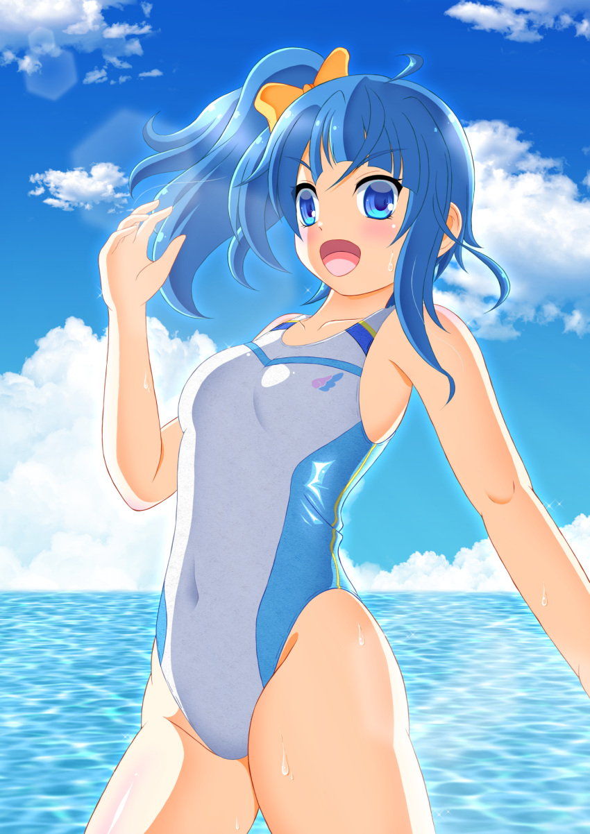 1girl blue_eyes blue_hair blue_sky blunt_bangs breasts cloud competition_swimsuit covered_navel cut_bangs day fujii-tei highleg highleg_swimsuit highres hirogaru_sky!_precure horizon long_hair looking_at_viewer ocean one-piece_swimsuit open_mouth outdoors precure sky small_breasts smile solo sora_harewataru swimsuit two-tone_one-piece_swimsuit white_one-piece_swimsuit