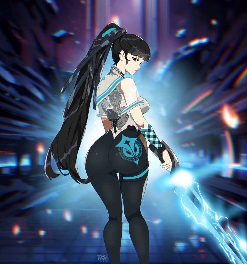 1girl ass black_hair blunt_bangs bodysuit breasts brown_eyes electricity eve_(stellar_blade) from_behind gloves highres holding holding_sword holding_weapon long_hair looking_at_viewer looking_back medium_breasts multicolored_bodysuit multicolored_clothes ponytail r3dfive skin_tight solo stellar_blade sword thighs tight_clothes very_long_hair weapon