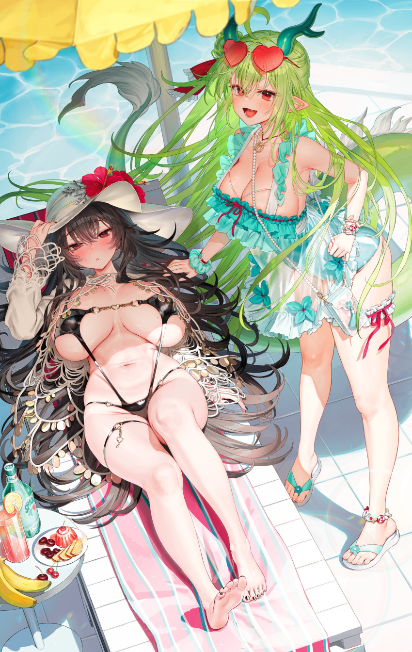 2girls absurdres armpits barefoot bikini black_bikini black_hair breasts character_request covered_nipples dress feet garam_(ryeoubi) glasses green_dress green_hair hair_between_eyes hat highres horns large_breasts long_hair looking_at_viewer multiple_girls oohhya original pointy_ears pool red_eyes sandals smile standing stomach swimsuit thick_thighs thighs umbrella very_long_hair yellow_umbrella