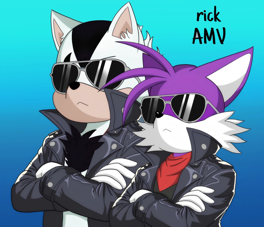 :&lt; anthro black_body black_clothing black_fur black_nose black_shirt black_topwear black_tuft blue_background canid canine cheek_tuft chest_tuft clothed clothing countershade_face countershading crossed_arms digital_drawing_(artwork) digital_media_(artwork) domestic_cat duo eyewear facial_tuft fan_character felid feline felis fox fur fur_tuft gradient_background hi_res jacket kerchief leather leather_clothing leather_jacket leather_topwear male mammal neckerchief purple_body purple_fur red_kerchief red_neckerchief rick_lewd sega shirt simple_background sonic_the_hedgehog sonic_the_hedgehog_(series) standing sunglasses tan_body tan_countershading tan_inner_ear topwear tuft white_body white_clothing white_countershading white_fur white_inner_ear white_tuft