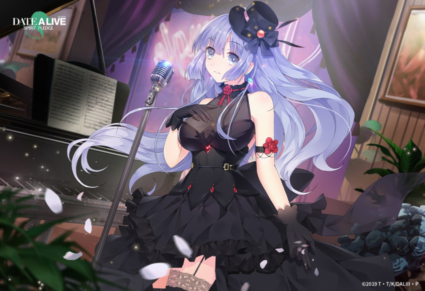 1girl bare_shoulders black_dress black_gloves blue_hair date_a_live date_a_live:_spirit_pledge dress dutch_angle earrings garter_straps gloves indoors instrument izayoi_miku jewelry long_hair microphone_stand official_art piano solo