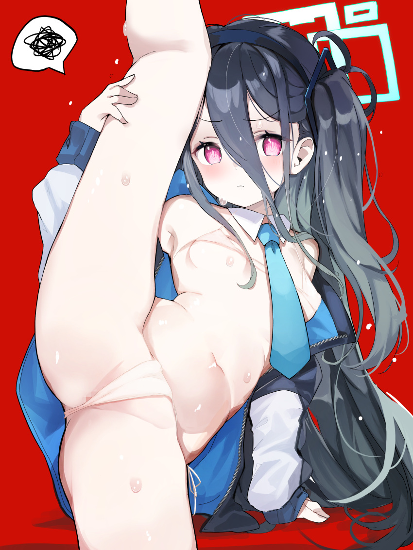 &lt;key&gt;_(blue_archive) 1girl absurdres bikini black_hair blue_archive blue_necktie blush breasts censored commentary_request cowboy_shot detached_collar frown hair_between_eyes halo highres jacket leg_lift leg_up long_bangs long_hair looking_at_viewer micro_bikini mosaic_censoring naked_jacket necktie open_clothes open_jacket pink_eyes red_background simple_background small_breasts solo split spoken_squiggle squiggle standing standing_on_one_leg standing_split sweat swimsuit teranekosu v-shaped_eyebrows variant_set very_long_hair white_bikini