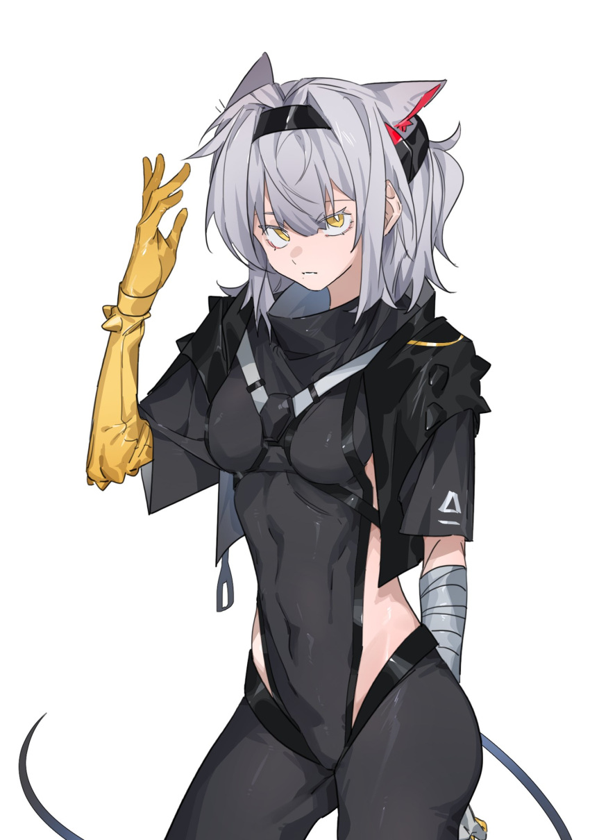 1girl animal_ears arknights black_bodysuit black_hairband bodysuit breasts chest_harness closed_mouth clothing_cutout commentary_request grey_hair hairband hand_up harness highres linea_alba looking_at_viewer molu_stranger mouse_ears mouse_girl mouse_tail scavenger_(arknights) scavenger_(survive)_(arknights) side_cutout simple_background skin_tight small_breasts solo tail white_background wrist_wrap yellow_eyes