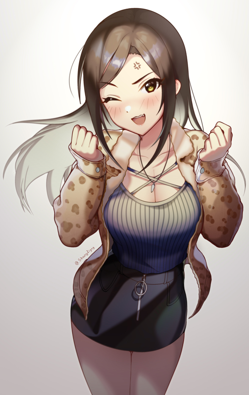 1girl :d absurdres blush breasts brown_hair cleavage clenched_hands coat commentary_request highres idolmaster idolmaster_cinderella_girls idolmaster_cinderella_girls_starlight_stage large_breasts long_hair miniskirt mukai_takumi one_eye_closed open_clothes open_coat open_mouth ribbed_shirt shangziyxy shirt shirt_tucked_in skirt smile standing thighs white_background yellow_eyes