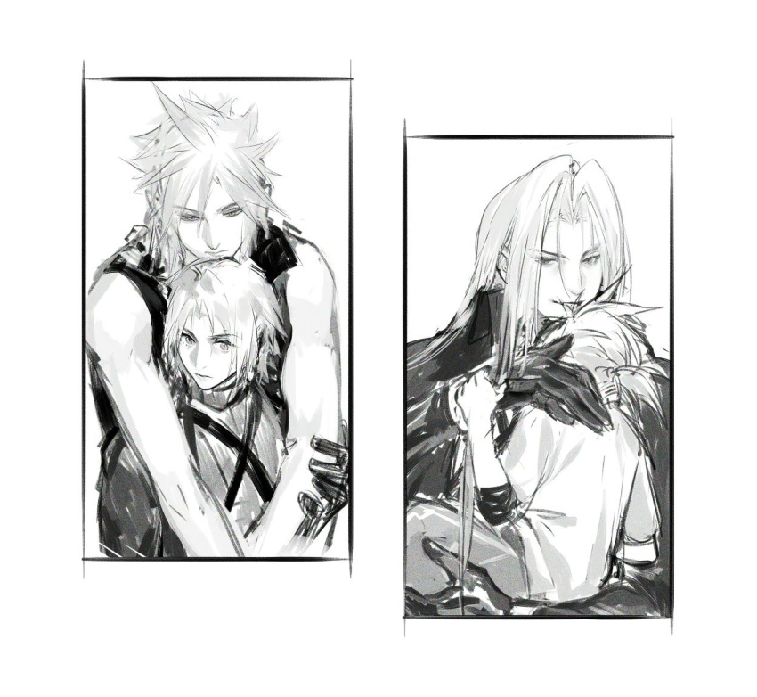 2boys age_difference aged_down arms_around_neck border carrying carrying_person chest_strap child cloud_strife coat commentary facing_away final_fantasy final_fantasy_vii final_fantasy_vii_advent_children final_fantasy_vii_ever_crisis gloves grabbing_another's_hair greyscale hand_on_another's_arm hand_on_another's_shoulder hand_up hashtag-only_commentary height_difference hug hug_from_behind layered_sleeves light_smile long_bangs long_hair looking_down looking_to_the_side lydiaaa monochrome multiple_boys multiple_views no_armor pants sephiroth shirt short_hair short_ponytail spiked_hair sweater t-shirt turtleneck turtleneck_sweater upper_body vest yaoi