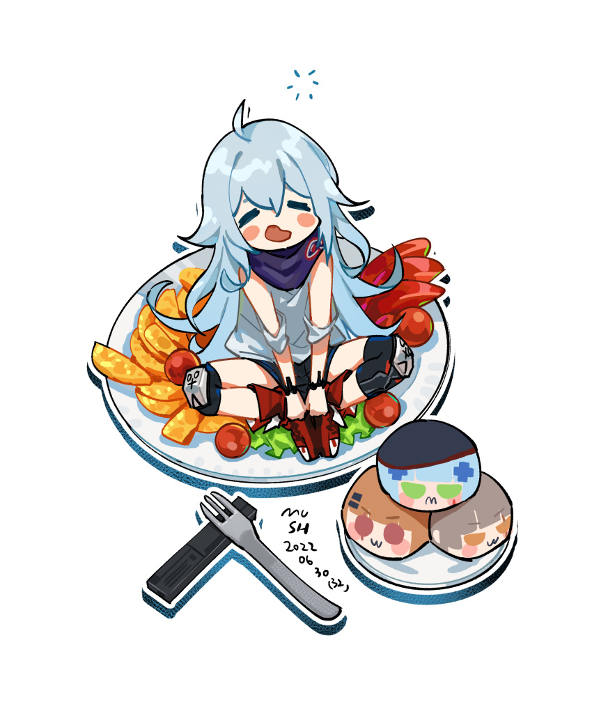 1girl absurdres blue_hair blush_stickers boots character_doll closed_mouth food fork fruit g11_(girls'_frontline) girls'_frontline highres hk416_(girls'_frontline) indian_style knee_pads long_hair mush open_mouth plate simple_background sitting solo ump45_(girls'_frontline) ump9_(girls'_frontline) white_background