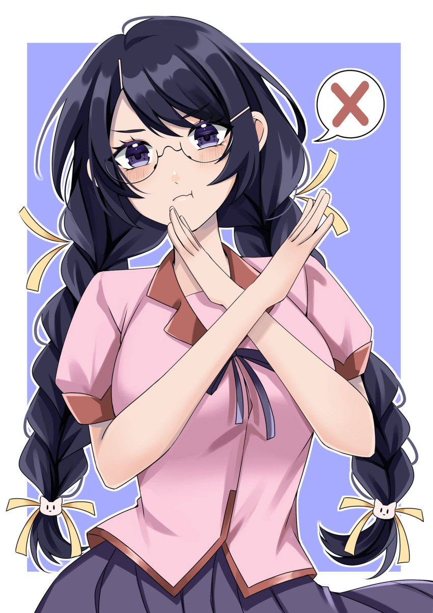 1girl bakemonogatari black_hair blue_background braid breasts cat_hair_ornament closed_mouth glasses hair_ornament hairclip hanekawa_tsubasa highres jmfz5558 juliet_sleeves large_breasts long_hair long_sleeves looking_at_viewer monogatari_(series) naoetsu_high_school_uniform pink_shirt pleated_skirt puffy_sleeves purple_eyes school_uniform shirt skirt solo speech_bubble twin_braids