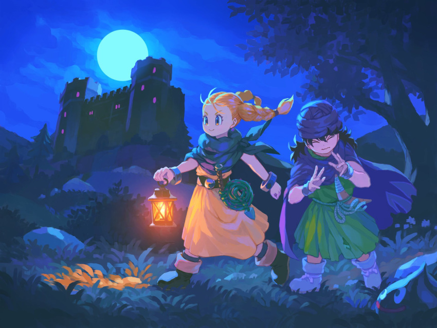 1boy 1girl aged_down belt bianca_(dq5) black_hair blonde_hair boomerang boots bracelet braid cape castle child cloak closed_eyes closed_mouth cloud cloudy_sky commentary_request dragon_quest dragon_quest_v dress earrings full_body grass green_cape green_cloak green_socks hair_pulled_back hero_(dq5) highres holding holding_lantern jewelry lantern long_hair mountainous_horizon naritate_zombie night night_sky open_hands orange_dress outdoors purple_cape purple_cloak rock rope_belt sky slime_(dragon_quest) smile socks standing tree twin_braids walking whip