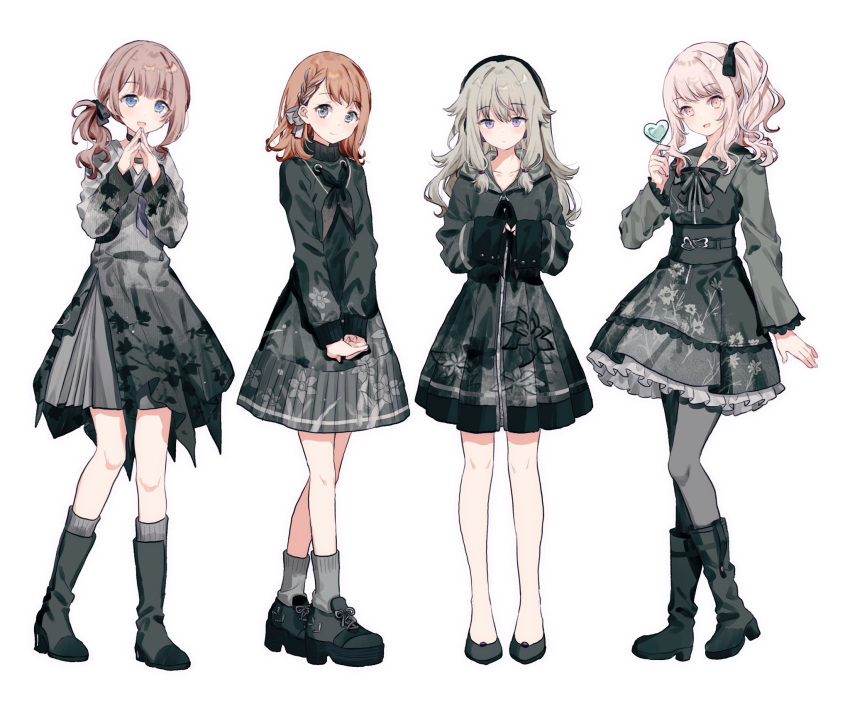 4girls akiyama_mizuki anklet black_bow black_bowtie black_choker black_dress black_footwear black_neckerchief blue_eyes boots bow bowtie braid brown_hair candy choker collarbone dress floral_print food french_braid full_body grey_eyes grey_hair grey_pantyhose grey_socks hanasato_minori hands_up heart heart-shaped_lollipop highres jewelry kneehighs kusanagi_nene lollipop long_hair long_sleeves looking_at_viewer low-tied_sidelocks medium_hair migolu mochizuki_honami multiple_girls neckerchief no_socks pantyhose pink_eyes pink_hair project_sekai purple_eyes shaped_lollipop shoes side_ponytail sidelocks simple_background sleeves_past_wrists sneakers socks steepled_fingers white_background