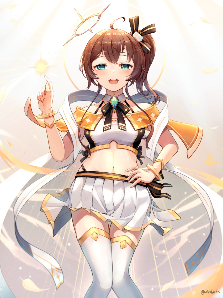 1girl absurdres ahoge alternate_costume aqua_eyes blush bracelet brown_hair cat_hair_ornament collarbone commentary dvdarts english_commentary gem hair_ornament halo highres hololive jewelry light_rays looking_at_viewer midriff natsuiro_matsuri navel open_mouth ribbon short_hair side_ponytail skirt smile solo sunbeam sunlight thighhighs twitter_username virtual_youtuber zettai_ryouiki