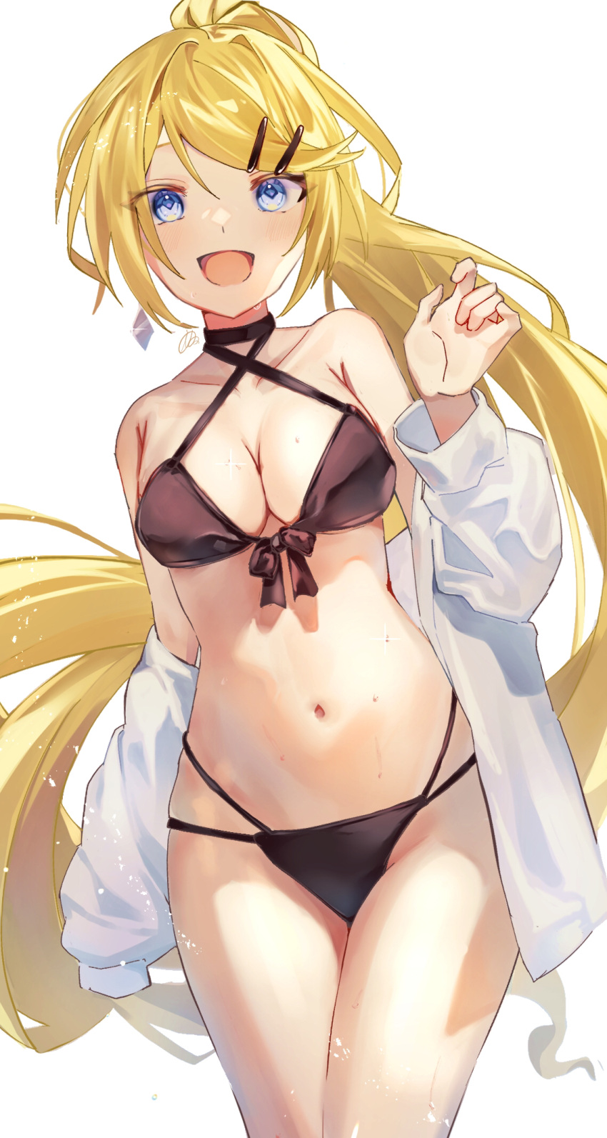 1girl bikini black_bikini blonde_hair blue_eyes breasts cleavage collarbone cowboy_shot criss-cross_halter earrings front-tie_top future_style_(module) hair_ornament hairclip halterneck hand_up high_ponytail highres inubangarou jewelry kagamine_rin leaning_to_the_side long_hair long_sleeves looking_at_viewer medium_breasts navel open_clothes open_mouth open_shirt ponytail shirt simple_background sleeves_past_fingers sleeves_past_wrists smile solo swept_bangs swimsuit very_long_hair vocaloid white_background white_shirt