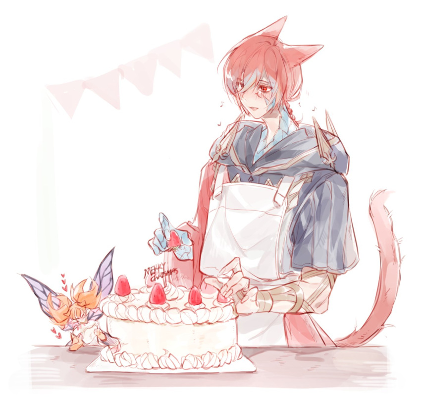 blush braid cake cat_tail cloak crystal_exarch feo_ul final_fantasy final_fantasy_xiv food fruit g'raha_tia garland_(decoration) highres hood hood_down hooded_cloak material_growth open_mouth red_eyes red_hair strawberry strawberry_shortcake tail tail_raised tladpwl03 white_background
