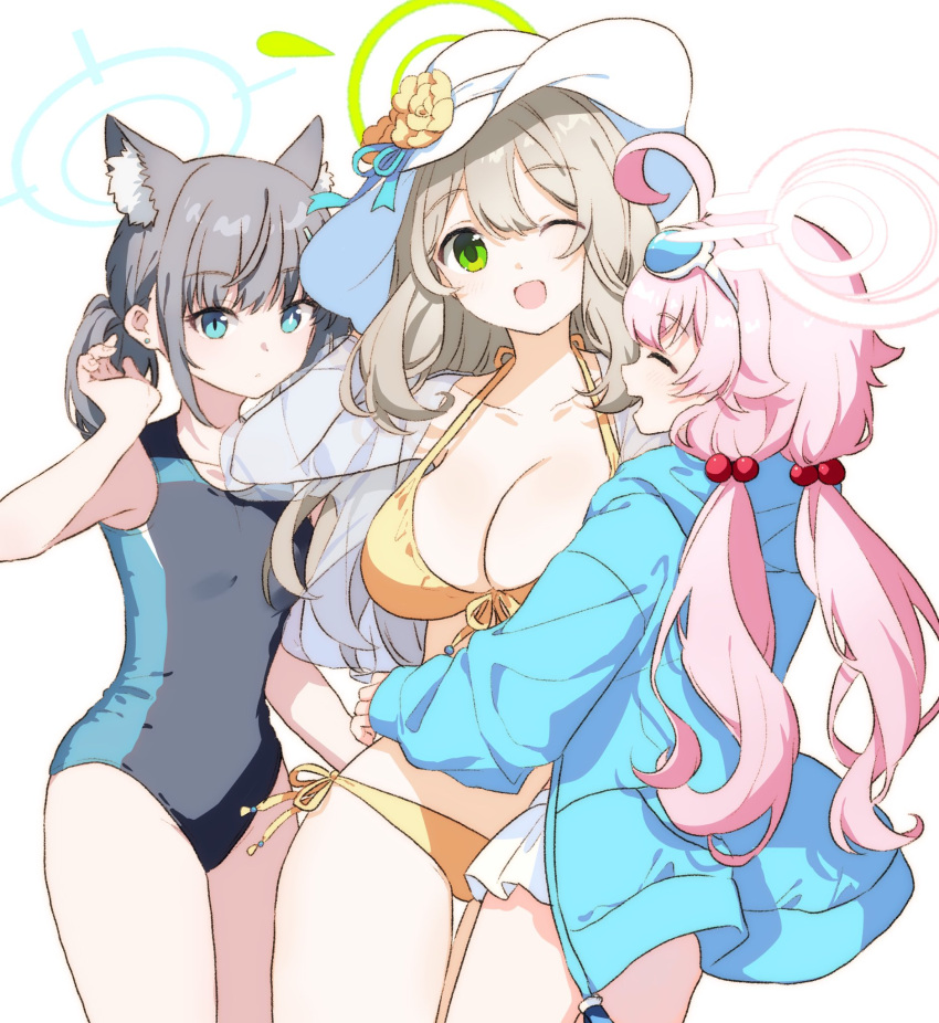 3girls :d ahoge animal_ear_fluff animal_ears aqua_jacket bikini blue_archive blue_eyes breasts brown_hair cleavage collarbone cowboy_shot extra_ears eyewear_on_head flower front-tie_bikini_top front-tie_top green_eyes grey_hair hair_bobbles hair_ornament halo hat hat_flower highres hoshino_(blue_archive) hoshino_(swimsuit)_(blue_archive) jacket long_hair long_sleeves looking_at_viewer low_twintails medium_hair migolu mismatched_pupils multiple_girls nonomi_(blue_archive) nonomi_(swimsuit)_(blue_archive) one-piece_swimsuit one_eye_closed pink_hair shiroko_(blue_archive) shiroko_(swimsuit)_(blue_archive) side-tie_bikini_bottom simple_background smile swimsuit twintails white_background white_hat wolf_ears yellow_bikini