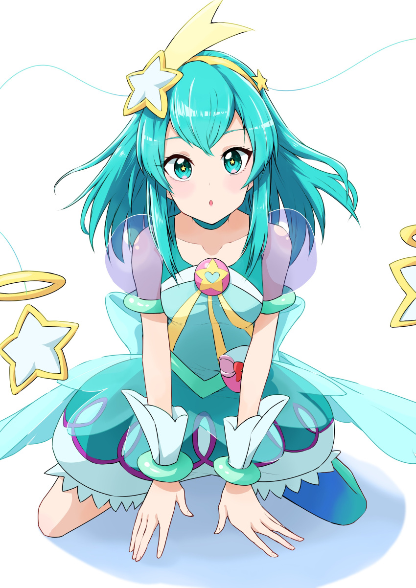 1girl absurdres aqua_choker aqua_dress aqua_eyes aqua_hair aqua_pantyhose blue_bracelet blue_hair breasts bubble_skirt choker cure_milky dress earrings hagoromo_lala hair_ornament hairband highres jewelry keijirou_(mukunozaltusou) kneeling long_hair looking_at_viewer magical_girl open_mouth pantyhose pointy_ears precure see-through see-through_sleeves shooting_star_hair_ornament short_sleeves single_leg_pantyhose skirt small_breasts smile solo star-shaped_pupils star_(symbol) star_color_pen star_earrings star_hair_ornament star_in_eye star_twinkle_precure symbol-shaped_pupils symbol_in_eye yellow_hairband