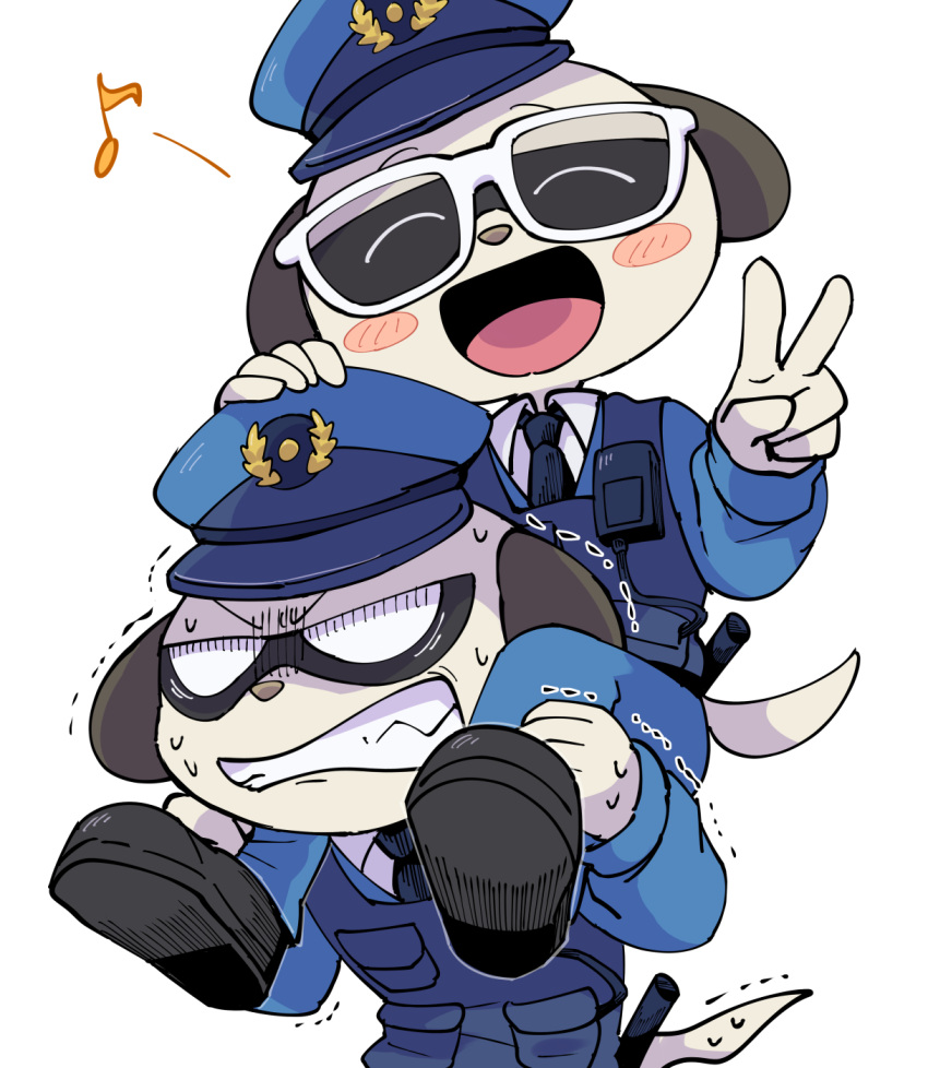 2boys :d ^_^ baton_(weapon) black_footwear black_necktie blank_eyes blue_jacket blue_pants blue_vest blush_stickers brothers carrying clenched_teeth closed_eyes daimon_kenshirou daimon_koushirou furry furry_male glasses hat highres jacket meerkat_boy multiple_boys musical_note necktie odd_taxi omochiutyu pants piggyback police police_hat police_uniform shaking shirt siblings smile snout spoken_musical_note sweat tail teeth uniform v v-shaped_eyebrows vest walkie-talkie weapon white-framed_eyewear white_background white_fur white_shirt