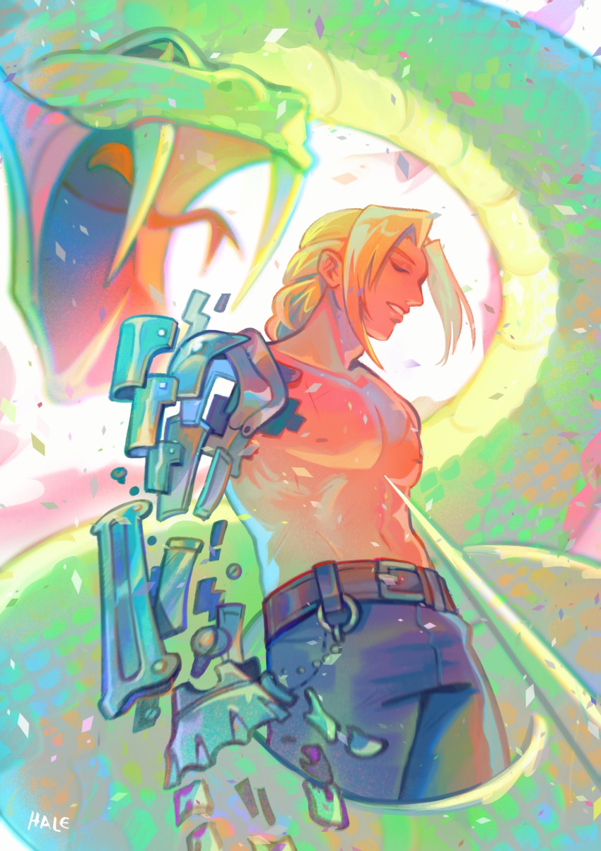 1boy animal arm_at_side artist_name automail belt black_sclera blonde_hair blue_pants braid braided_ponytail broken closed_eyes colored_sclera cowboy_shot debris edward_elric english_commentary fullmetal_alchemist halecyonn highres male_focus mechanical_arms multiple_scars navel nipples open_mouth oversized_animal pants parted_lips prosthesis scar scar_on_chest single_braid single_mechanical_arm smile snake snake_bondage topless_male white_background