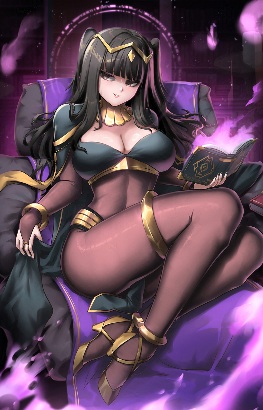 black_bra black_hair blunt_bangs bodystocking book bookshelf bra breasts bridal_gauntlets burnt_green_tea cape circlet couch covered_navel fire_emblem fire_emblem_awakening gold_trim high_heels highres holding holding_book indoors large_breasts long_hair magic nail_polish pelvic_curtain seductive_smile sitting smile tharja_(fire_emblem) thighlet thighs tiara turtleneck twintails two-tone_cape underwear