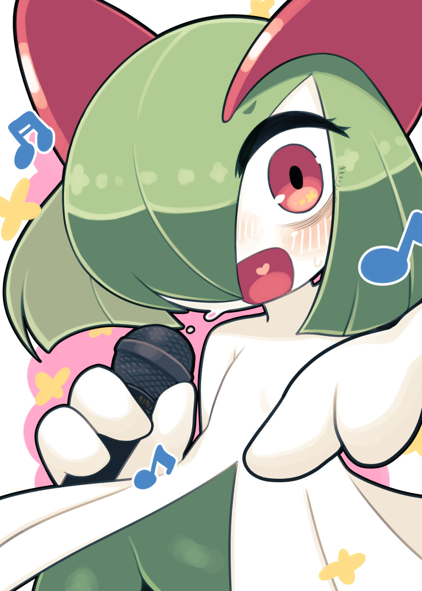 bags_under_eyes colored_skin green_hair hair_over_one_eye heart highres holding holding_microphone ino_(tellu0120) kirlia looking_at_viewer microphone multicolored_skin music musical_note open_mouth pink_eyes pokemon pokemon_(creature) sidelocks singing smile two-tone_skin white_skin