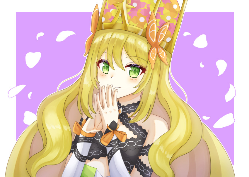 1girl bow butterfly_hair_ornament celine_(fire_emblem) crown dress dress_bow fire_emblem fire_emblem_engage green_eyes hair_ornament highres orange_bow orange_gemstone orange_wristband princess setuna_cxxxvll solo yellow_dress