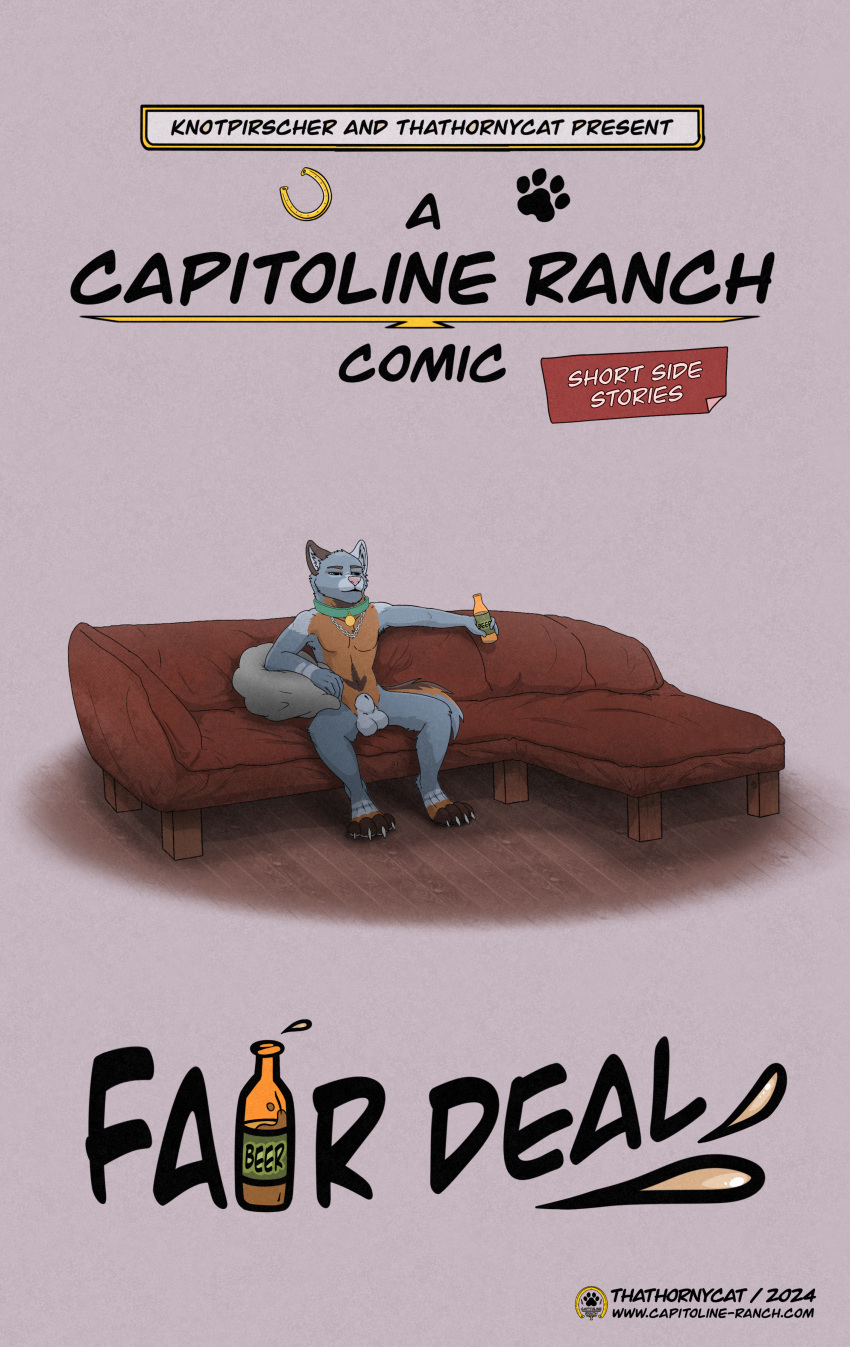 absurd_res alcohol anthro beer beverage bottle capitoline_ranch colored comic container cover furniture hi_res line_art sitting sofa solo takahiro_(thathornycat) thathornycat