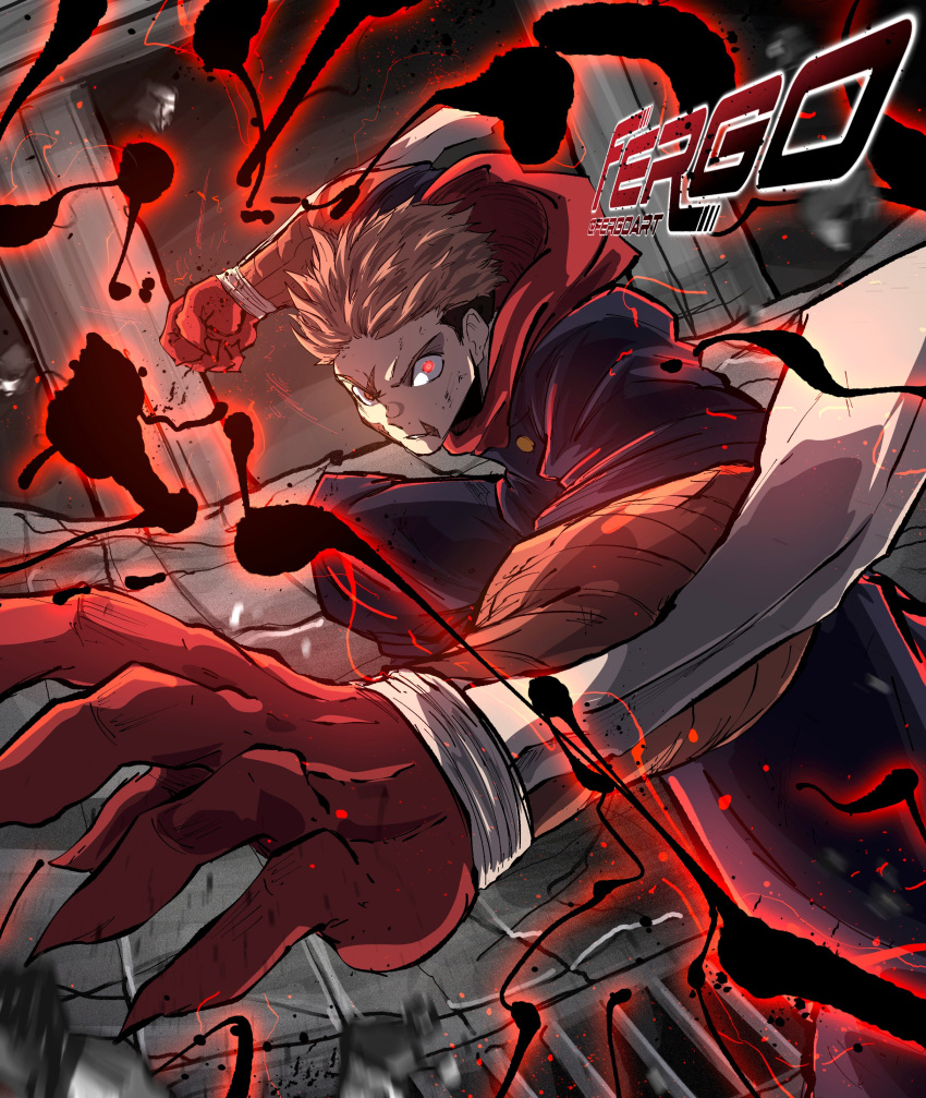 1boy absurdres angry artist_name black_lightning fergoart fighting gauntlets highres hood hoodie incoming_attack incoming_punch itadori_yuuji jujutsu_kaisen lightning looking_at_viewer pink_hair punching red_eyes school_uniform solo