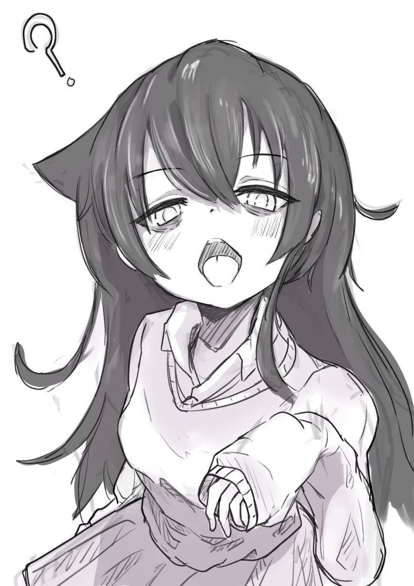 1girl ? absurdres bags_under_eyes blush collared_shirt greyscale hatching_(texture) highres kuroki_tomoko linear_hatching long_hair looking_at_viewer monochrome open_mouth shirt sketch skirt sleeves_past_wrists solo sweater una_(unananaaaaaa) watashi_ga_motenai_no_wa_dou_kangaetemo_omaera_ga_warui!