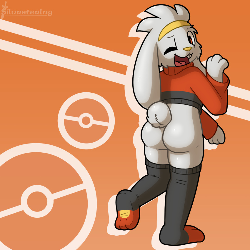 abstract_background ambiguous_gender bottomless butt clothed clothing cropped_sweater generation_8_pokemon hi_res legwear looking_at_viewer nintendo one_eye_closed open_mouth pokemon pokemon_(species) raboot silvrsterlng solo thigh_highs wink