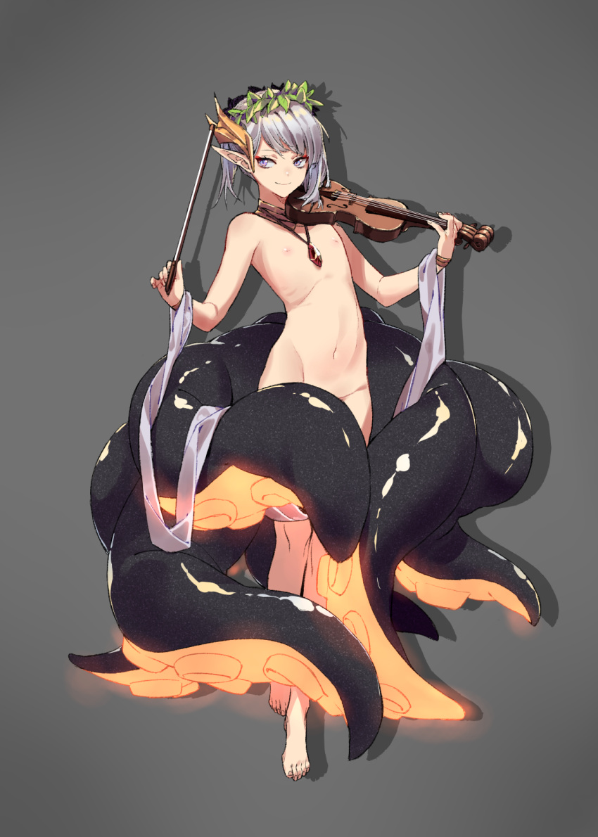 1boy barefoot bow_(music) chinese_commentary closed_mouth collar completely_nude convenient_censoring drop_shadow floating gem grey_background grey_hair groin hands_up highres holding holding_bow_(music) holding_instrument holding_violin instrument jewelry laurel_crown looking_to_the_side male_focus metal_collar nipples nude original otoko_no_ko pendant pointy_ears purple_eyes red_gemstone shisantian short_hair simple_background smile solo tentacles violin