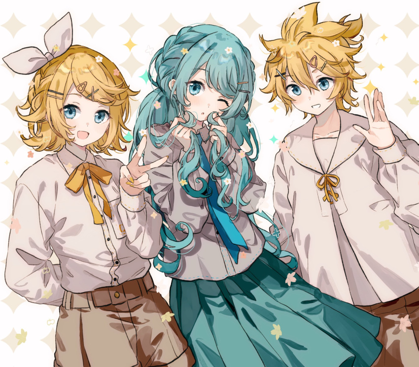 1boy 2girls :d aqua-framed_eyewear aqua_eyes aqua_skirt argyle_background arm_behind_back blonde_hair blush bow braid brown_footwear collarbone double-parted_bangs dutch_angle flower hair_between_eyes hair_bow hair_ornament hairclip hand_up hands_up hatsune_miku highres holding_own_hair kagamine_len kagamine_rin long_hair long_sleeves looking_at_viewer messy_hair migolu multiple_girls one_eye_closed shirt shirt_tucked_in skirt smile twintails v vocaloid white_background white_bow white_shirt x_hair_ornament yellow_nails