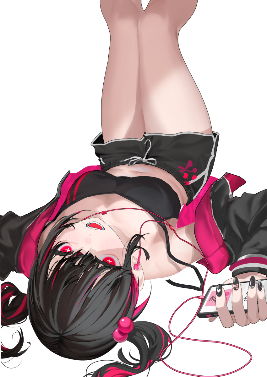 1girl 38_(sanjuuhachi) absurdres black_hair black_jacket black_nails black_shorts black_sports_bra blush breasts cherry_hair_ornament cherry_print cleavage collarbone commentary_request cross-shaped_pupils dolphin_shorts earbuds earphones feet_out_of_frame fingernails food-themed_hair_ornament food_print from_above hair_ornament highres holding holding_phone jacket legs_up long_sleeves looking_at_viewer looking_up lying multicolored_hair nail_art navel on_back open_clothes open_jacket open_mouth original phone pink_eyes pink_hair short_hair short_shorts shorts simple_background single_bare_shoulder single_off_shoulder solo spaghetti_strap sports_bra strap_slip streaked_hair swept_bangs symbol-shaped_pupils teeth thick_eyelashes thighs twintails unzipped white_background