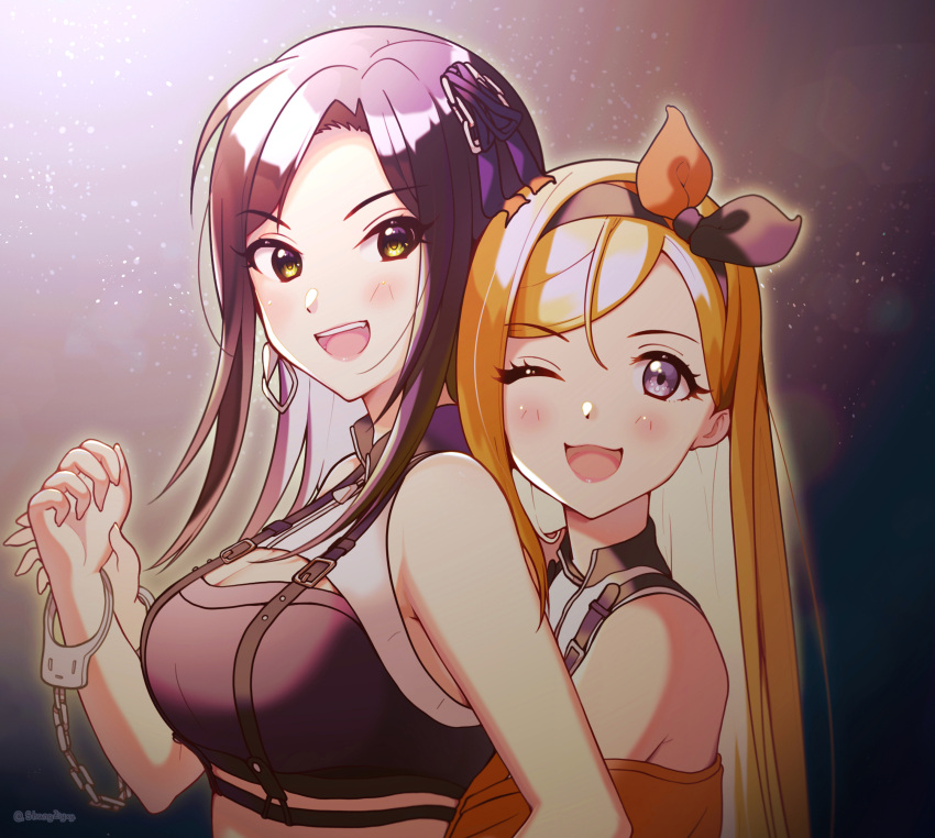 2girls :d absurdres bangs bare_shoulders blonde_hair blush breasts cleavage cleavage_cutout clothing_cutout crop_top cuffs eyebrows_visible_through_hair fujimoto_rina hair_ornament hair_ribbon handcuffs highres hug hug_from_behind idolmaster idolmaster_cinderella_girls idolmaster_cinderella_girls_starlight_stage large_breasts long_hair looking_at_viewer mukai_takumi multiple_girls one_eye_closed open_mouth purple_eyes ribbon shangziyxy shirt sleeveless sleeveless_shirt smile swept_bangs yellow_eyes