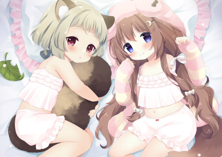 2girls animal_ear_fluff animal_ears azur_lane bed between_legs bloomers blue_eyes blush bow brown_hair camisole cardigan commission commissioner_upload crescent crescent_hat_ornament crossover dog_ears dog_girl dog_tail fumizuki_(azur_lane) fumizuki_(sleepy_fairy)_(azur_lane) genshin_impact hair_bow hair_ornament hairclip hat hat_ornament hugging_own_tail hugging_tail leaf long_hair looking_at_viewer lying midriff multiple_girls navel on_back on_side pillow raccoon_ears raccoon_girl raccoon_tail red_eyes ribbon sayu_(genshin_impact) sen1986 short_hair skeb_commission sleepwear smile striped_cardigan tail tail_between_legs trait_connection white_bloomers white_camisole