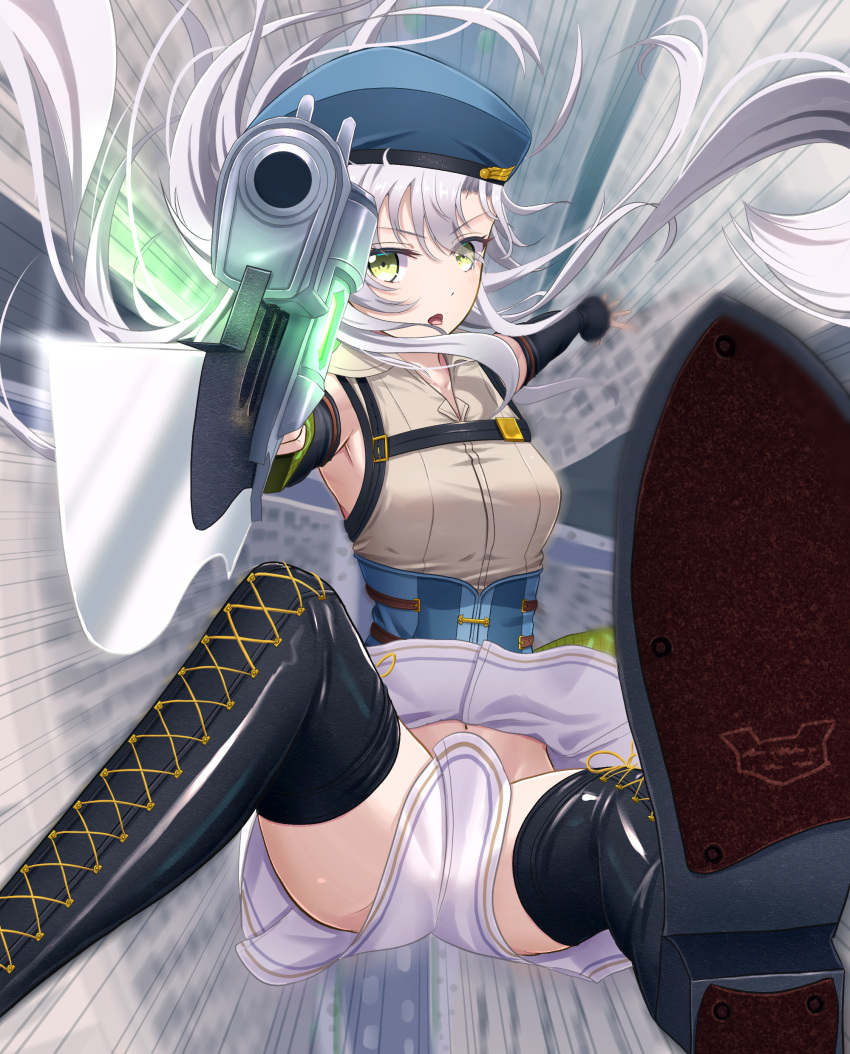 1girl absurdres aiming aiming_at_viewer beret blue_hat boots commentary_request convenient_censoring cross-laced_footwear eiyuu_densetsu emphasis_lines fie_claussell green_eyes grey_hair gun hat highres holding holding_gun holding_weapon kuro_no_kiseki long_hair midair navel open_mouth solo thigh_boots weapon witch_f